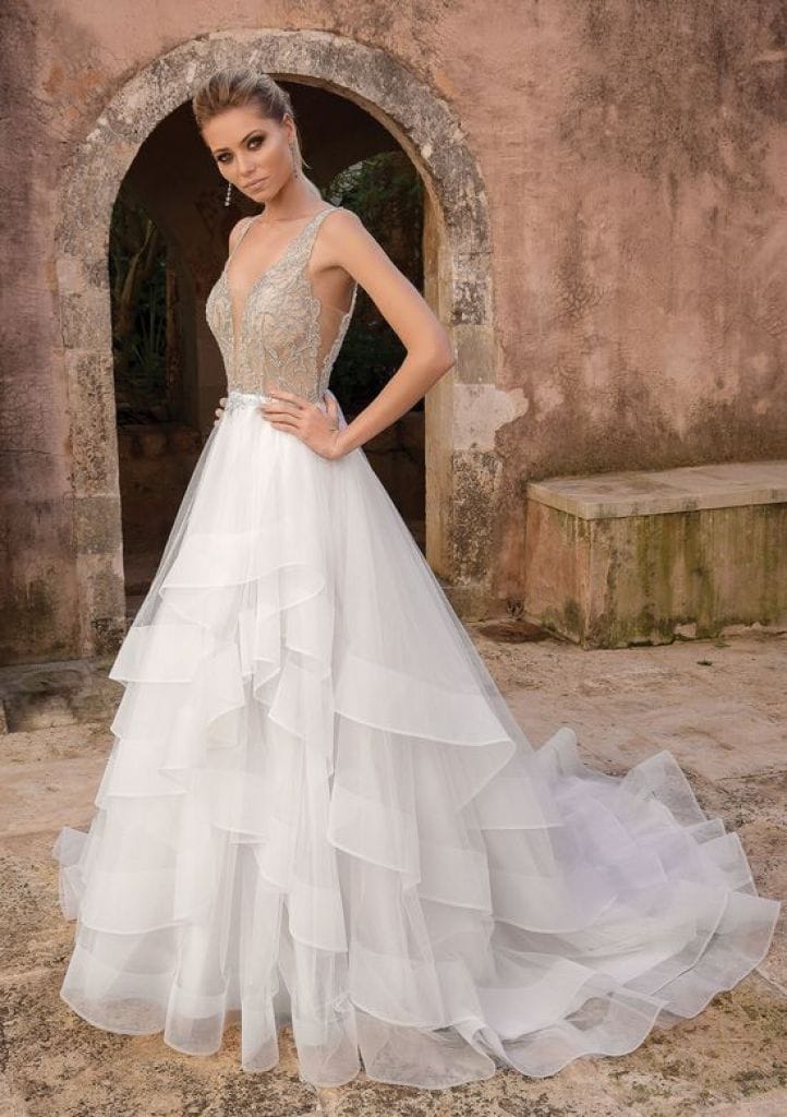 Stijlvolle trouwjurk Justin Alexander Ivoor Regular Lang V-nek Nieuw (Onveranderd) Tule 40