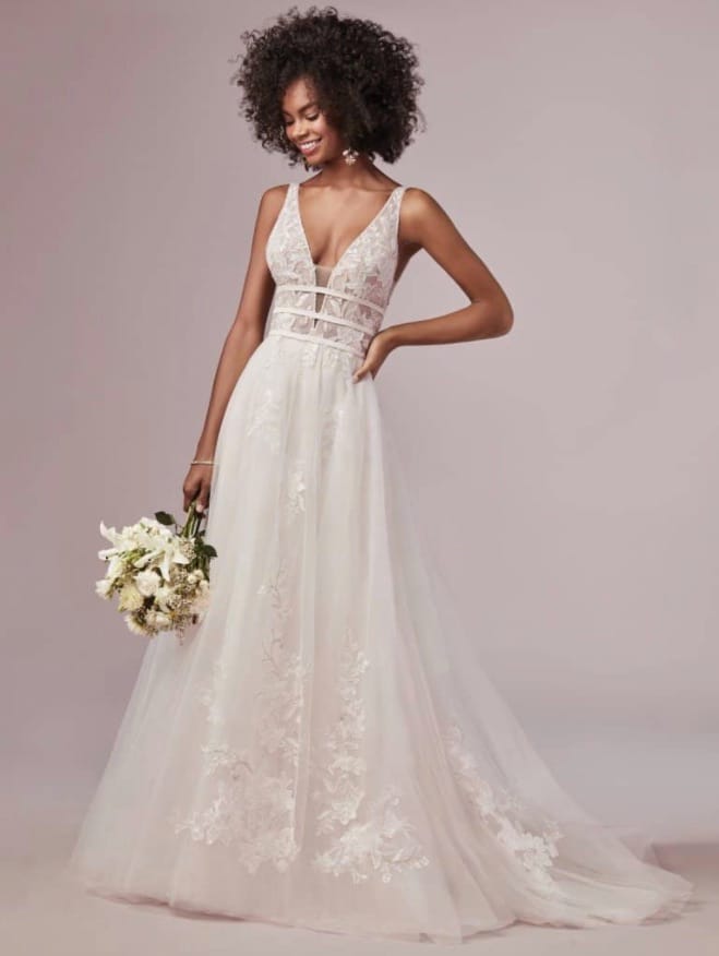 Moderne trouwjurk Rebecca Ingram Wit Regular Lang V-nek Nieuw (Onveranderd) Tule 36